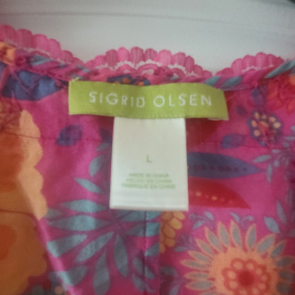 Sigrid Olsen Pink and Orange Floral Sequin V-Neck Blouse - Picture 3 of 7